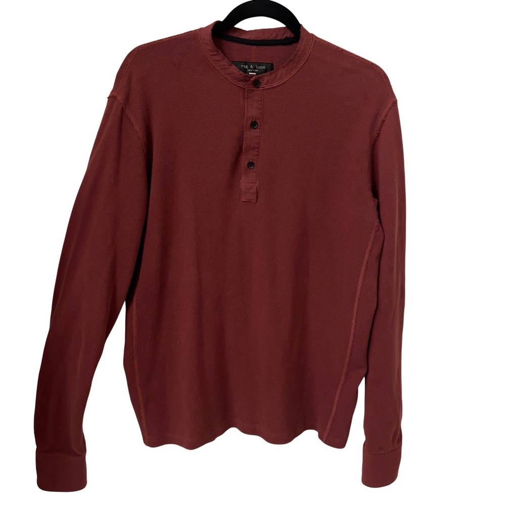 Rag & Bone Long Sleeve Henley Shirt Burgundy Red Waffle Knit Mens Size M